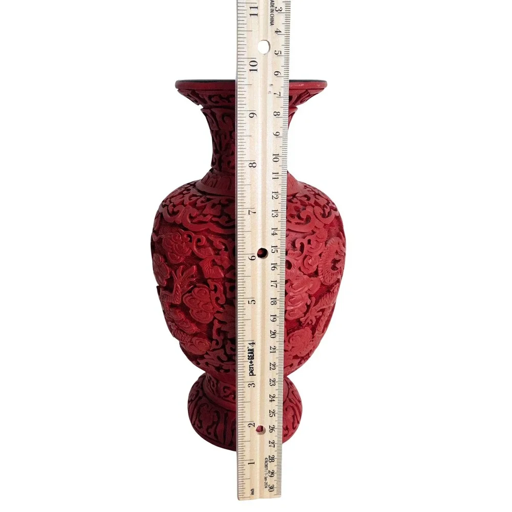 Vintage Chinese Cinnabar Red Carved Resin Vase Dragon Phoenix Oriental Decor